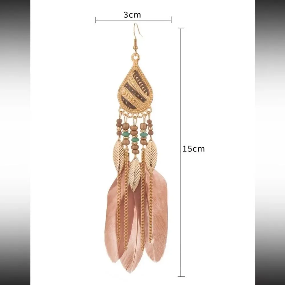 Vintage Style Feather Tassel Earrings‎ with Stainless Steel studs